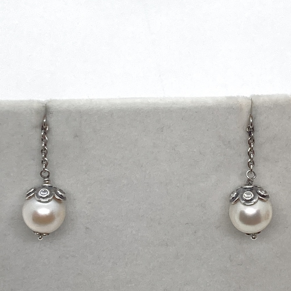 Pandora Sterling Classic Beauty White Pearl CZ Compose Dangle Earrings #290611P